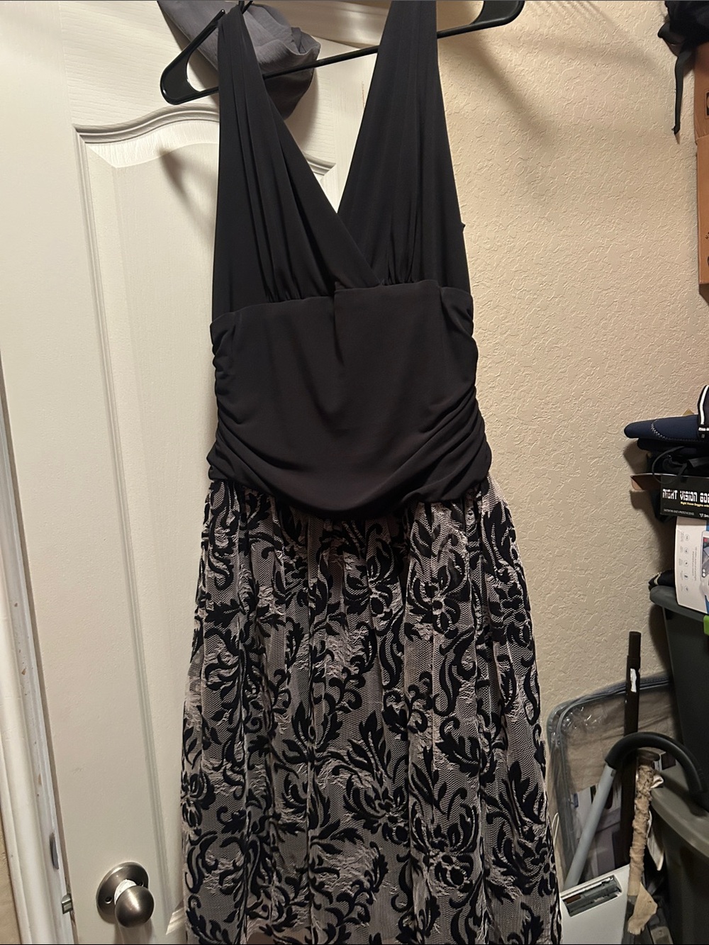 S.L. Fashions Black and Gray V-Neck Maxi Dress with Lace Skirt